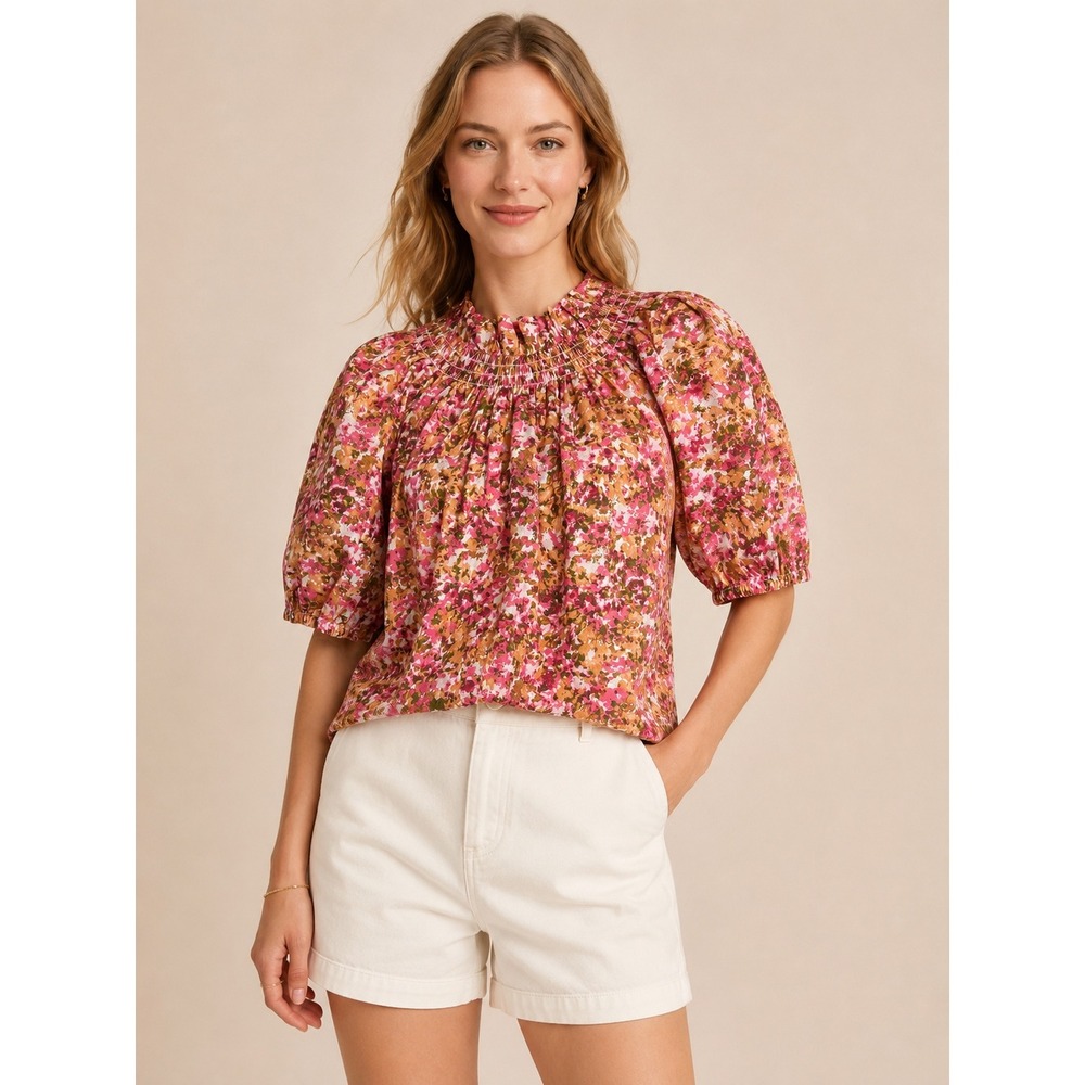 J.Crew Womens Smocked‎ Puff Sleeve Top XS Cottagecore Pink Floral Blouse